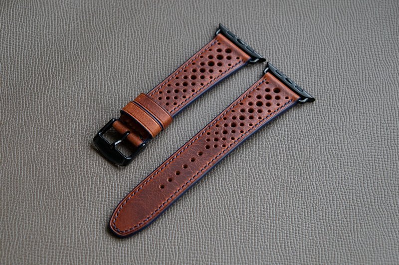 Watch band for Apple Watch custom made of Cognac Brown Wax cowhide leather - Watchbands - Genuine Leather Brown