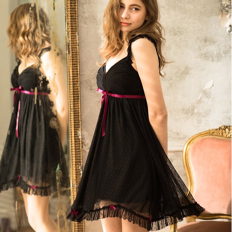 No steel ring pajamas [exclusive 2in1] slightly 恋 love point dot mesh lace dress - dazzling black - One Piece Dresses - Other Man-Made Fibers Black
