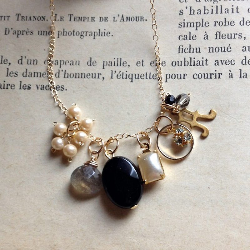 14 kgf natural stone and vintage parts 6 charm necklace black - Necklaces - Gemstone Black