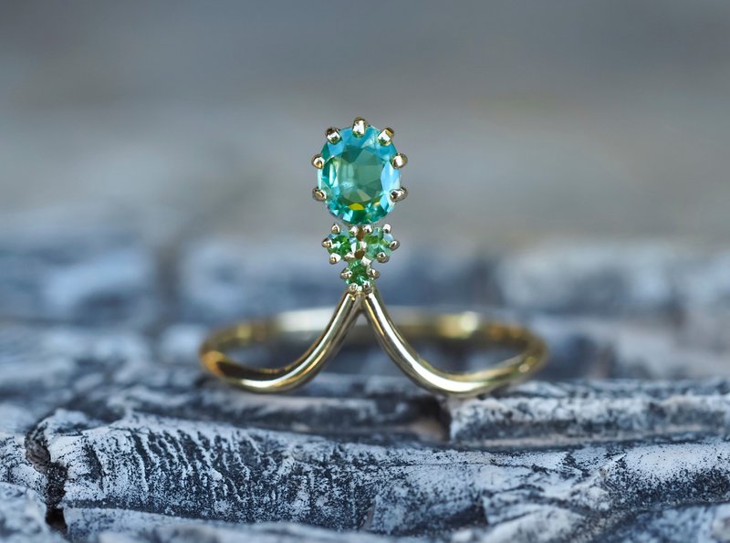 14k gold ring with sapphire and tsavorite - 戒指 - 貴金屬 金色