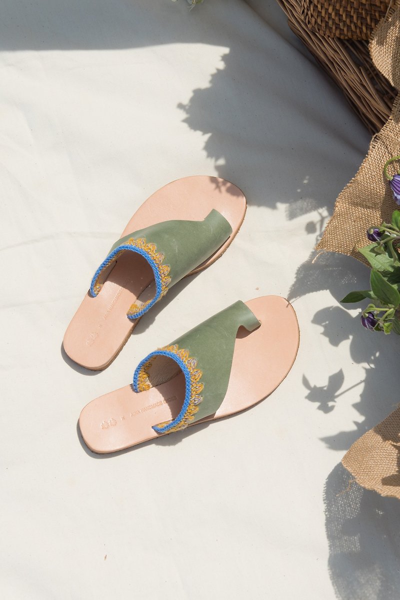 𦀗𦀗 x love flowers summer joint - woven leather slippers lemon gray green - รองเท้าแตะ - หนังแท้ สีเขียว