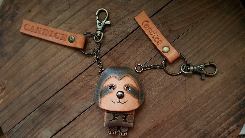 Cute smiling sloth pure leather key ring-can be engraved - ที่ห้อยกุญแจ - หนังแท้ สีเทา