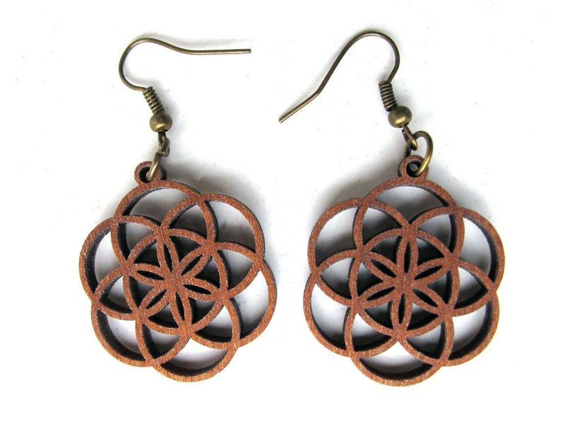 Seed of life wood earrings (Small) - 耳環/耳夾/耳骨夾 - 木頭 咖啡色