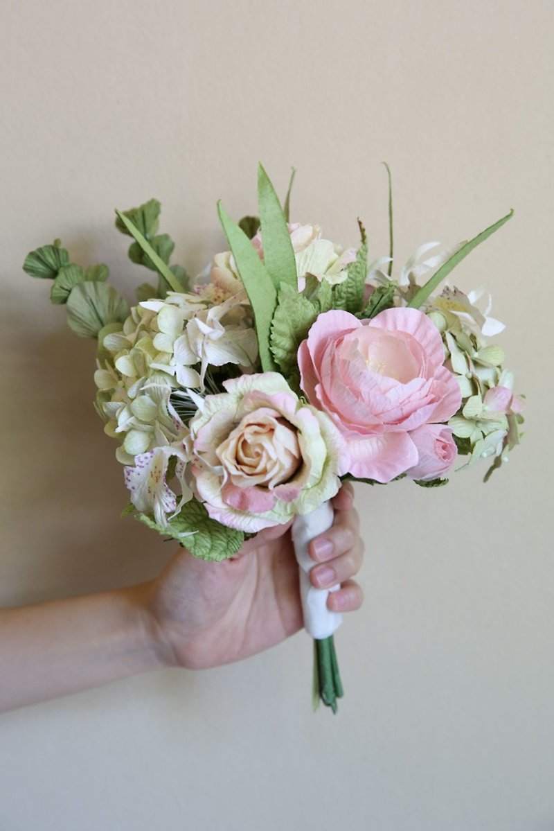 BS104 : Bridesmaid Bouquet Small Bouquet Pink Green Size 6"x10" - Wood, Bamboo & Paper - Paper White