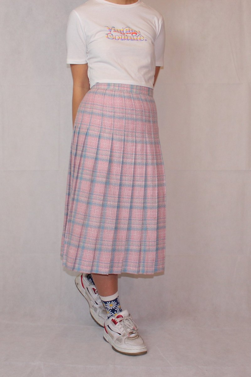 其他材質 裙子/長裙 - Vintage 古著 / 粉藍x粉紅格紋百摺長裙