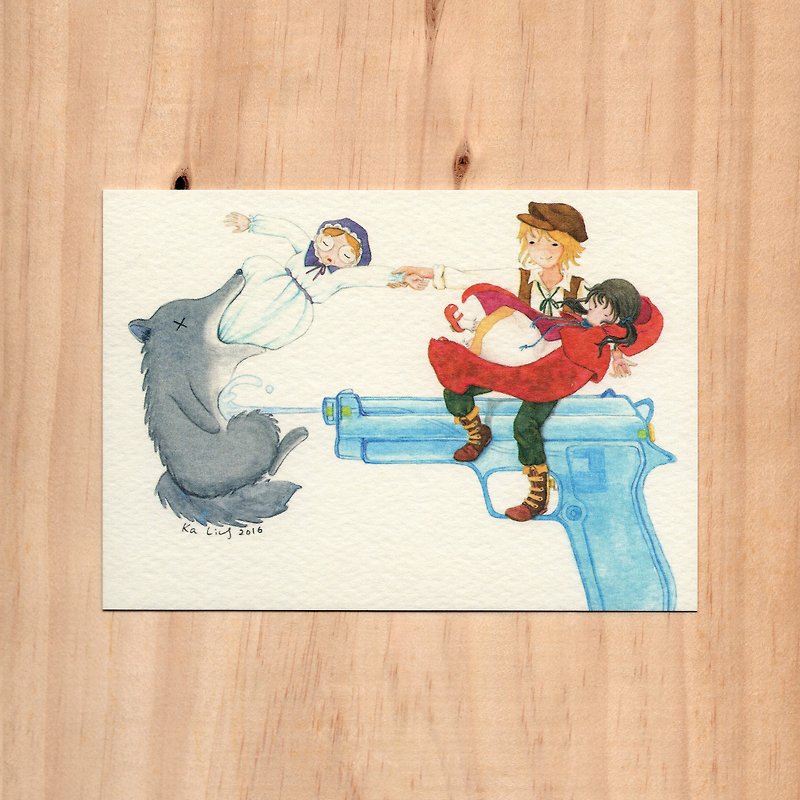 "Hong Kong Toys x Fairy Tale-Water Gun x Little Red Riding Hood" watercolor illustration postcard - การ์ด/โปสการ์ด - กระดาษ 