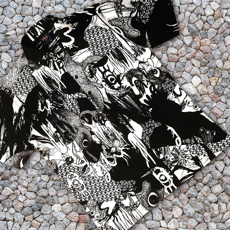 Hawaiian Shirt (monster black-white) - 男襯衫/休閒襯衫 - 絲．絹 白色