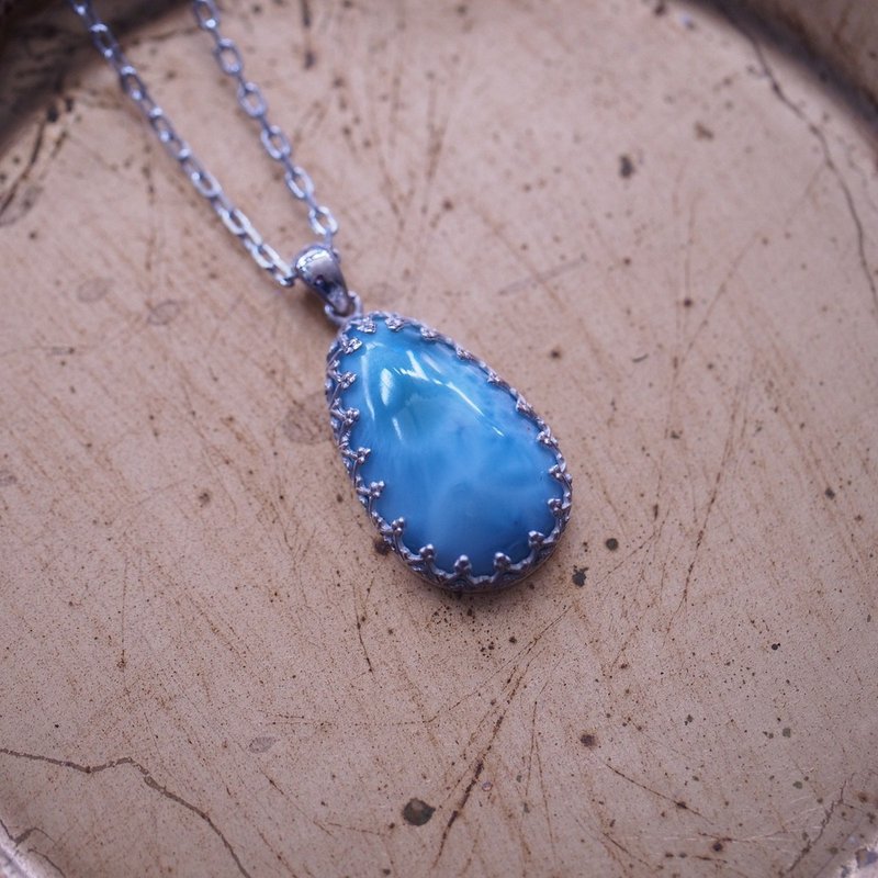 拉利瑪 針鈉鈣石 曹灰針石 Larimar 手工包鑲製作 純銀項鍊 - 項鍊 - 半寶石 藍色