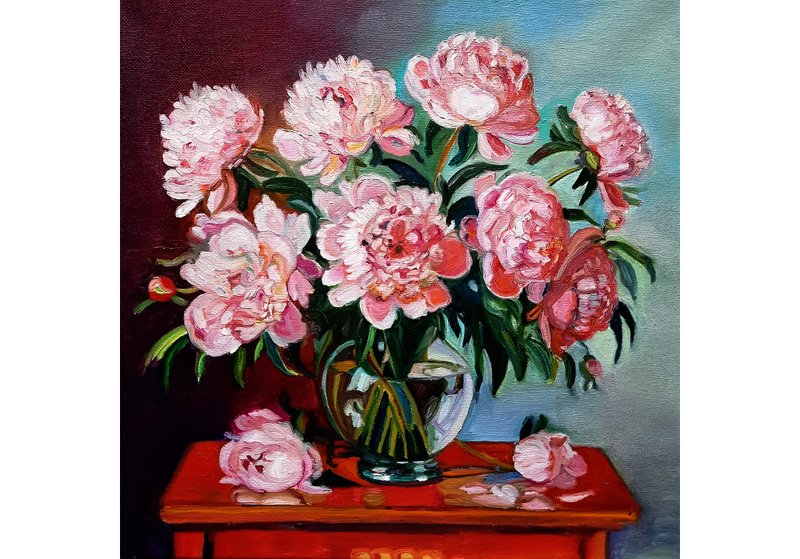 Peonies in a Vase  Painting  Original Art  Oil Painting   Oil On Canvas 30by30sm - 壁貼/牆壁裝飾 - 其他材質 粉紅色