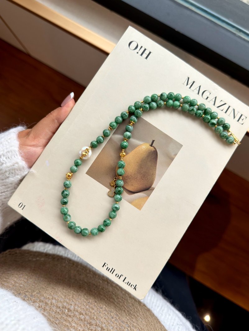 天然綠底飄花翡翠項鏈毛衣鏈 復古感十足水晶玉石毛衣鏈秋冬必備 - 項鍊 - 玉石 