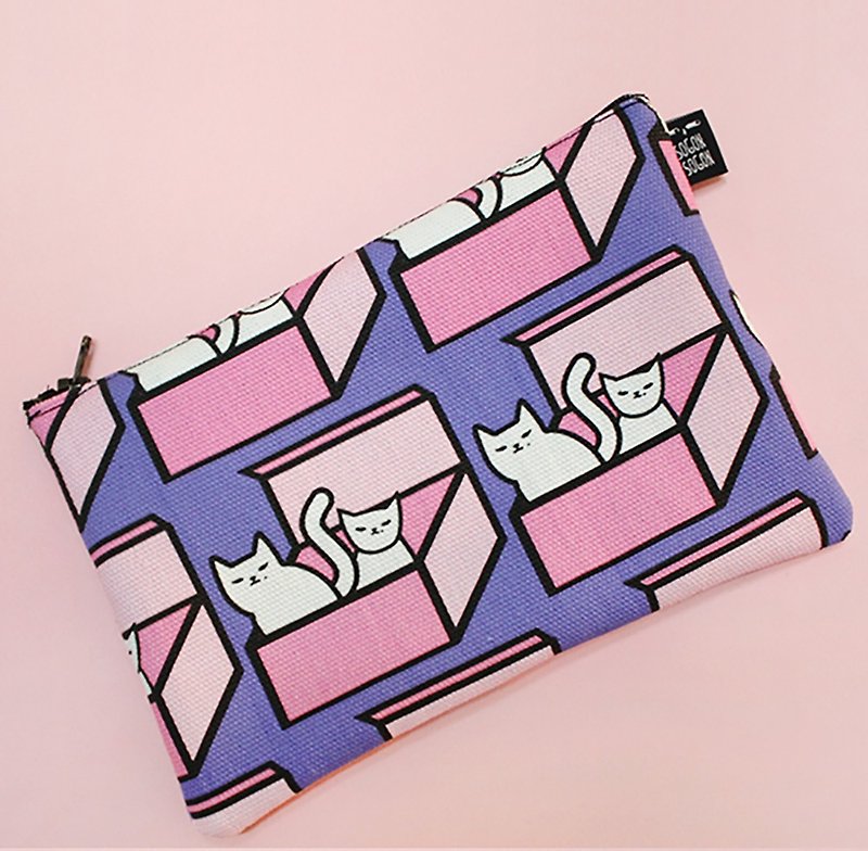 Carton cat canvas zipper storage bag - กระเป๋าเครื่องสำอาง - ผ้าฝ้าย/ผ้าลินิน สีม่วง