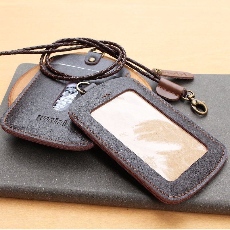 ID case/ Key card case/ Card case - ID 1 -- Dark Brown + Dark Brown Lanyard - ID & Badge Holders - Genuine Leather 