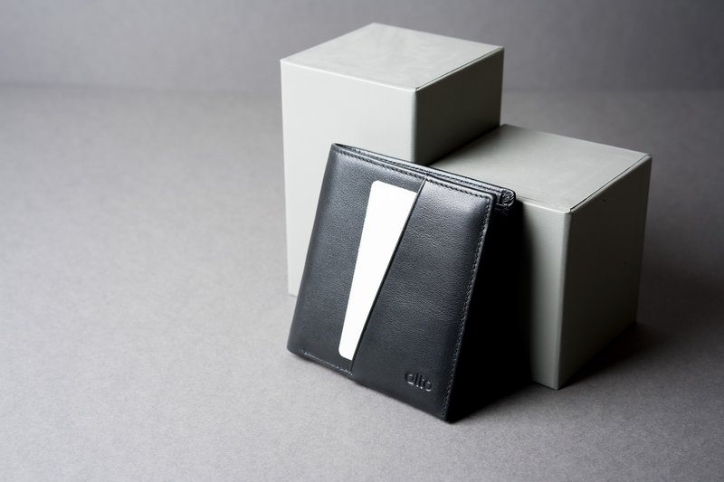 【客製化禮物】RFID 輕薄皮夾 - 渡鴉黑 - 皮夾/長短夾/錢包 - 真皮 黑色