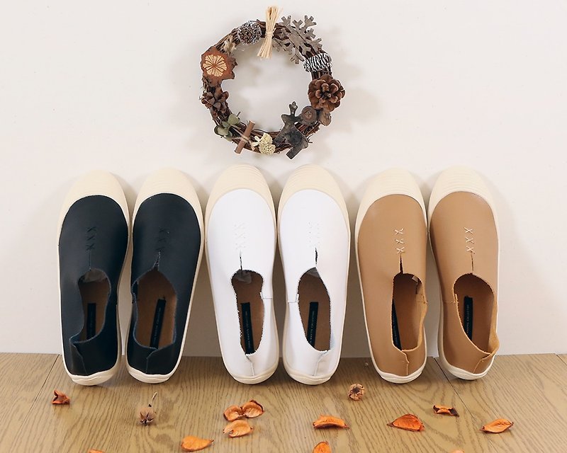 Shell shoes fork fork shape leather lazy shoes black white milk tea color - Women's Casual Shoes - Genuine Leather 