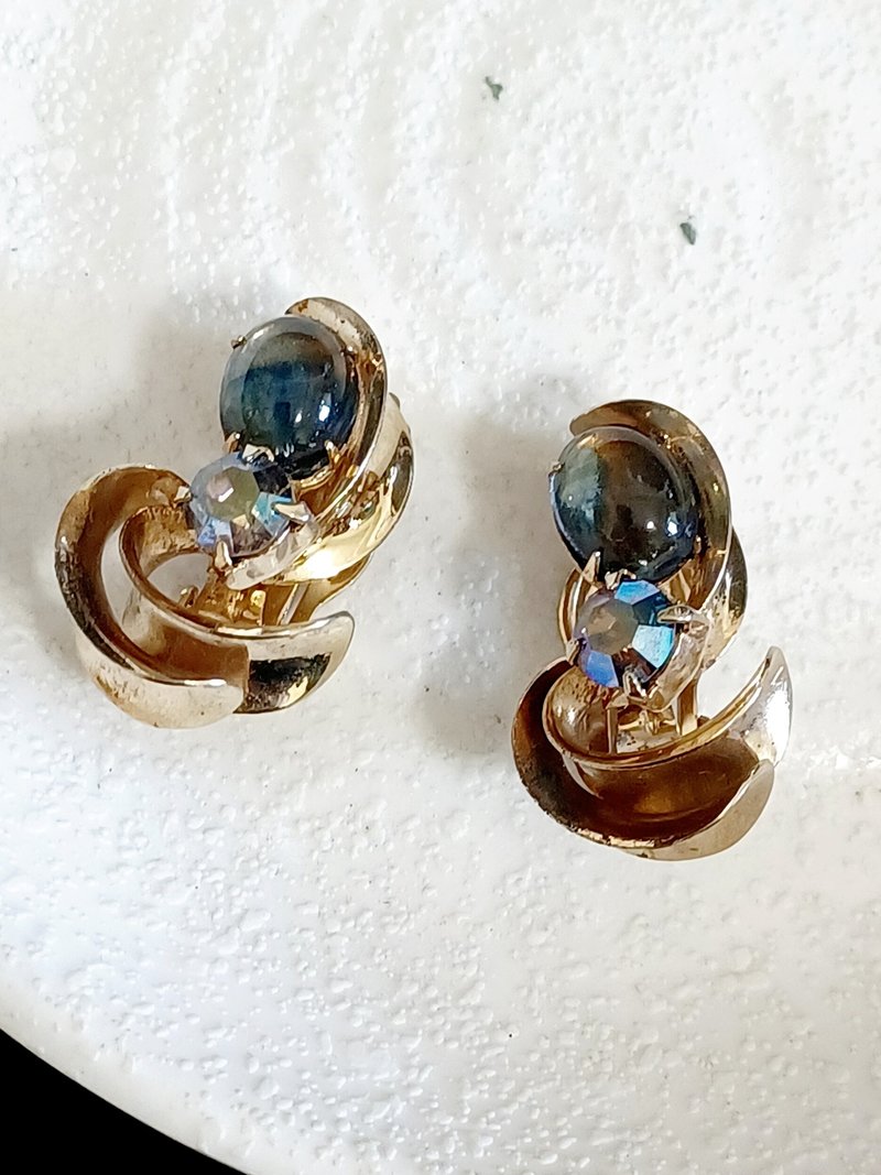 vintage jewelry 古典藝術仿寶石萊茵 夾式耳環 - 耳環/耳夾/耳骨夾 - 其他金屬 