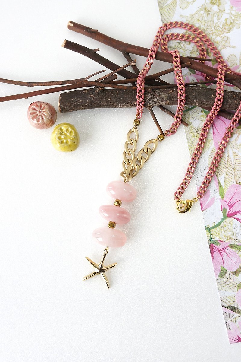Stacking Pink Rose Quartz Tumbled Stones with Gold Starfish Charm Necklace - Long Necklaces - Semi-Precious Stones Pink