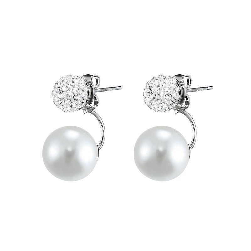 Pave Austrian crystal ball with white pearl earrings - ต่างหู - คริสตัล ขาว