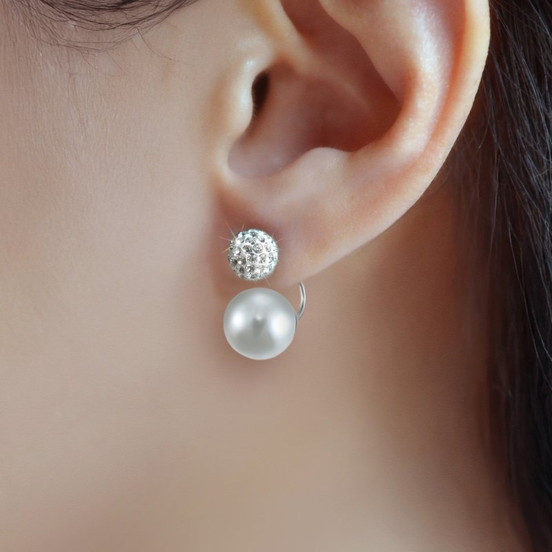 Pave Austrian crystal ball with white pearl earrings - ต่างหู - คริสตัล ขาว