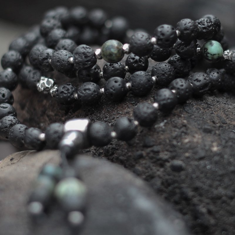 Ink print. Natural mineral four-chain 108 rosary beads, black Stone, African turquoise, 925 sterling silver - สร้อยข้อมือ - เครื่องเพชรพลอย สีดำ