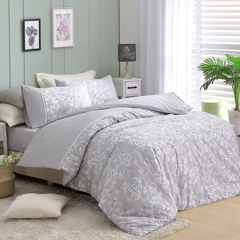Extra large [Love] small flower bed package】 【 diffuse flower snow (grey) dual-use bedding package four-piece King size - Bedding - Cotton & Hemp Gray