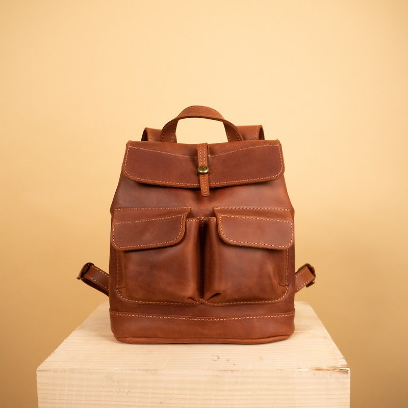 Small leather backpack in cognac brown color with two front pockets - Backpacks - Genuine Leather Brown