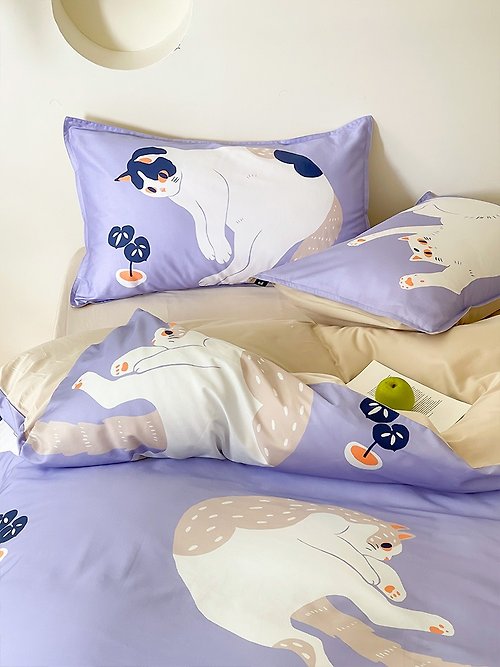如茉 原創手繪貓咪主題家居館 懶懶喵 枕套+被套兩件組/單獨床包 單人雙人原創手繪貓咪60支純棉