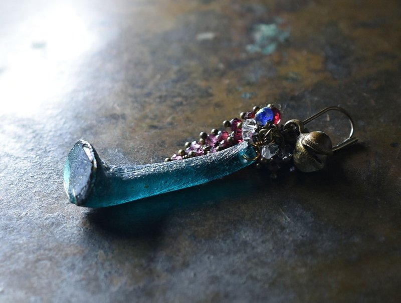 Silvered blue Roman glass, garnet, Herkimer diamond, and Nepalese bell earring - Earrings & Clip-ons - Glass Blue