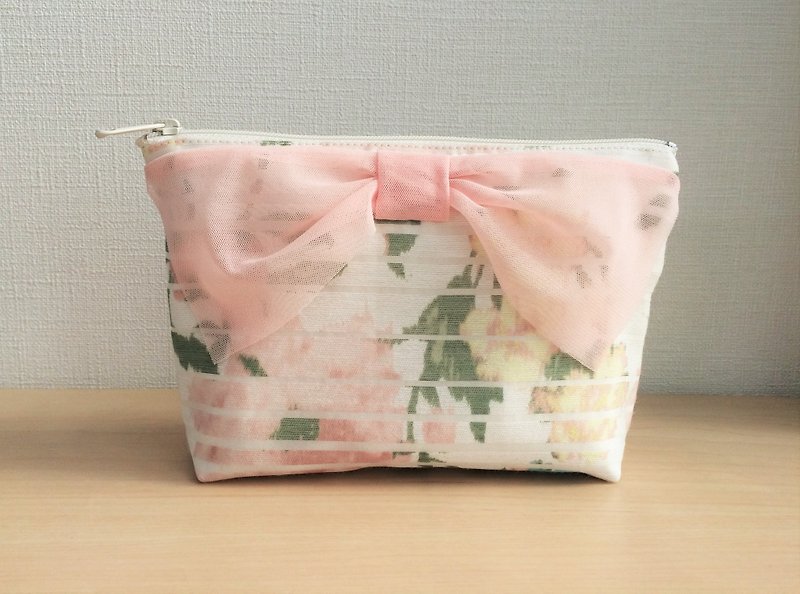 Floral Sheer Border Tulle Ribbon Gusseted Pouch Pink - Toiletry Bags & Pouches - Polyester Pink