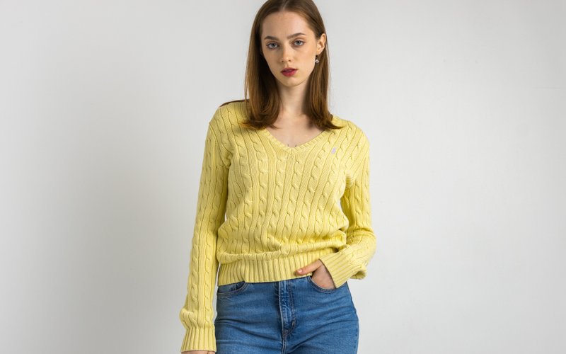 Ralph Lauren Sweater Yellow Polo Sweater Knitted Cotton Knit Pullover 6208 - สเวตเตอร์ผู้หญิง - ผ้าฝ้าย/ผ้าลินิน สีเหลือง