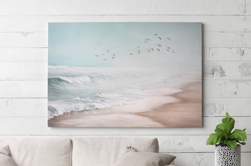 Neutral beach painting | Blue beige coast landscape | Sea vibes 2 - 壁貼/牆壁裝飾 - 棉．麻 藍色