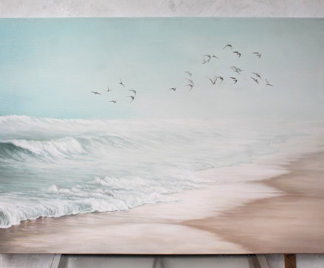 ニュートラルなビーチの絵画 | 青ベージュの海岸の風景 | 海の雰囲気 2