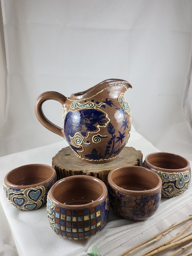 Yuhualong cold kettle set, one pot and four cups - กระติกน้ำ - ดินเผา สีกากี