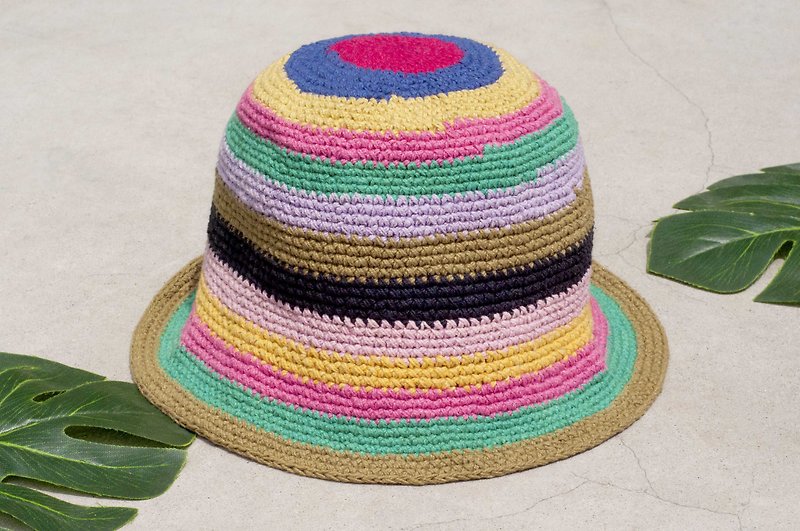 Crocheted cotton Linen cap hat visor cap cotton patchwork Linen cap hand-knit cap - rainbow candy colors - หมวก - ผ้าฝ้าย/ผ้าลินิน หลากหลายสี