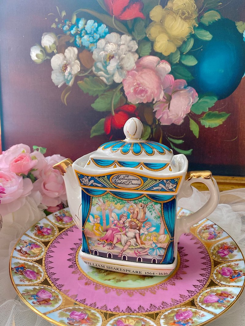 British Made Sadler Tales Series Shakespeare's Midsummer Night's Dream Flower Teapot Coffee Pot Inventory - Pitchers - Porcelain Blue