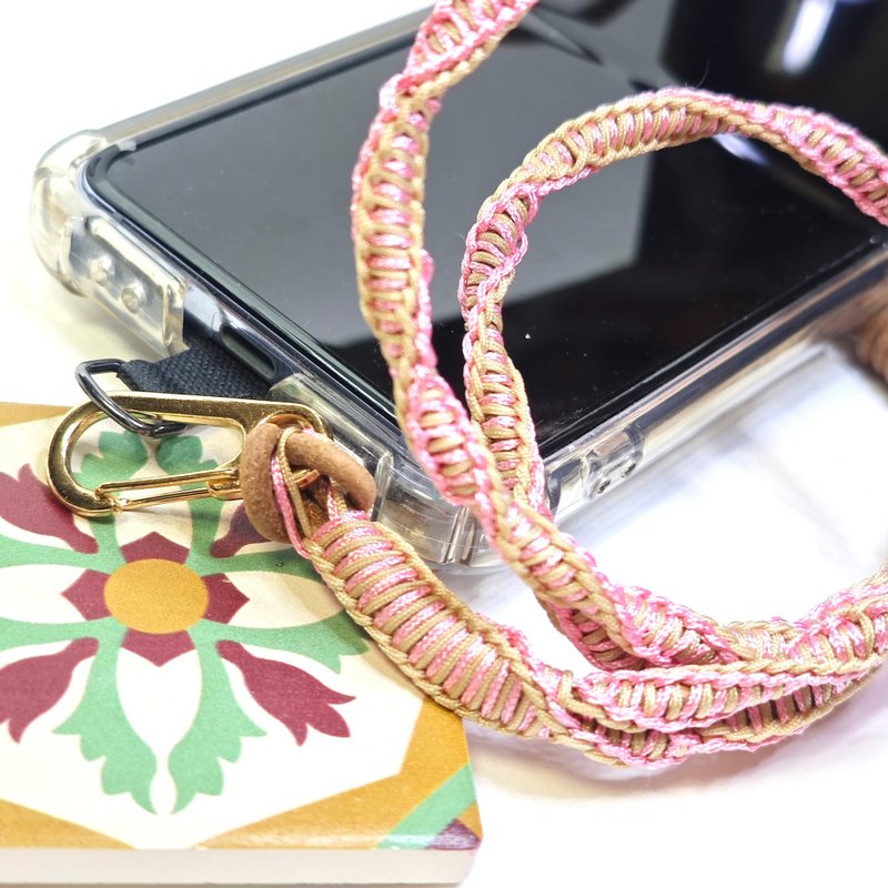 Peach Blossom Pink Khaki mobile rope, adjustable neck/rope dual-use-6 - เชือก/สายคล้อง - หนังแท้ สีเขียว