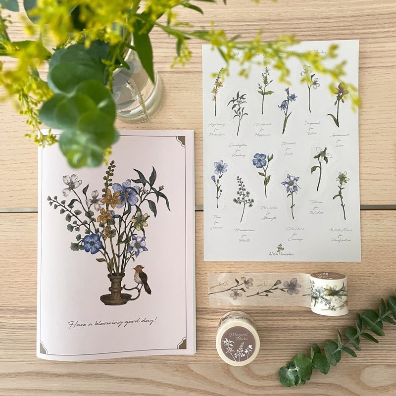 【畢業季】花鳥款紙品文具組 / 筆記本、圖鑑貼紙、紙膠帶 - 筆記本/手帳 - 紙 多色