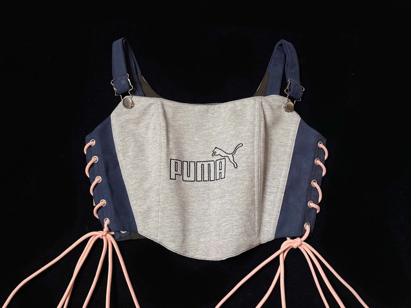 REGETHER 古著改製 PUMA 吊帶式側綁帶馬甲-Corset-13 - 背心/無袖上衣 - 棉．麻 灰色