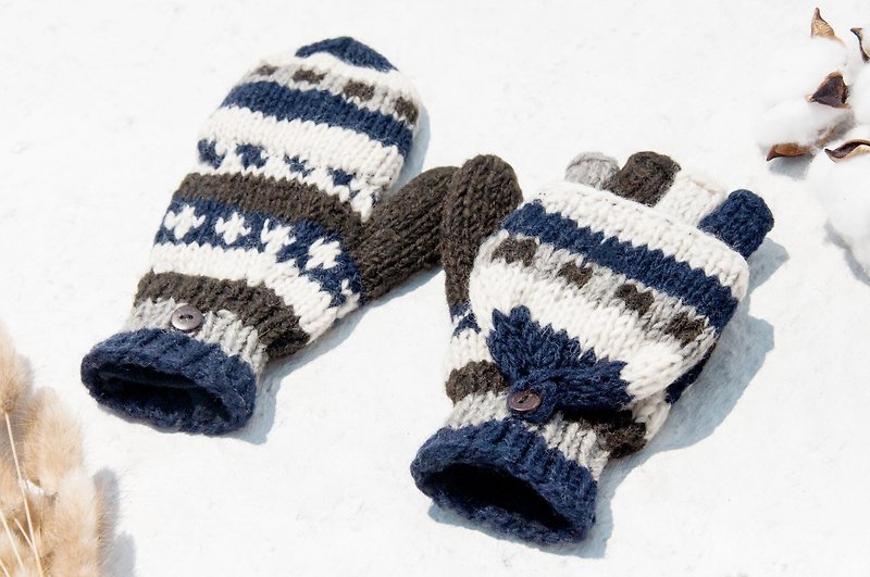 手織純羊毛針織手套/可拆卸手套/內刷毛手套/保暖手套-沙漠天空 - 手套 - 羊毛 多色