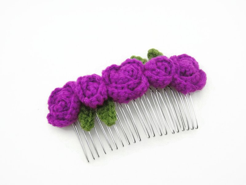 Crochet Roses Hair Comb Slides - Purple Orchid - เครื่องประดับผม - กระดาษ สีม่วง