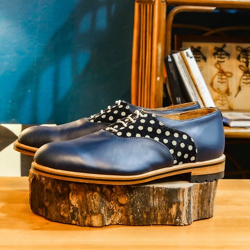 KAZUO CRAFT 【展示打樣品】純手工訂製 馬鞍鞋-SA04 藍水玉圓點 皮鞋 男 紳士