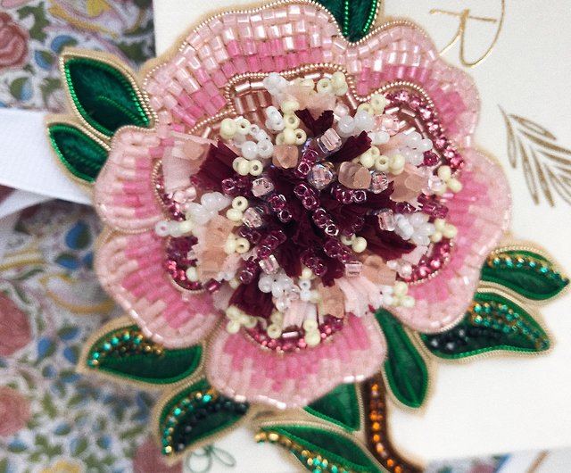 Peony Handmade Embroidered Beaded Brooch flower beads Pink