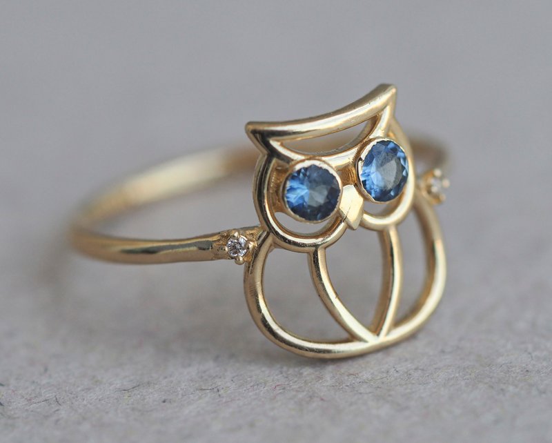 14k gold owl ring with tanzanite and diamonds - 戒指 - 貴金屬 金色