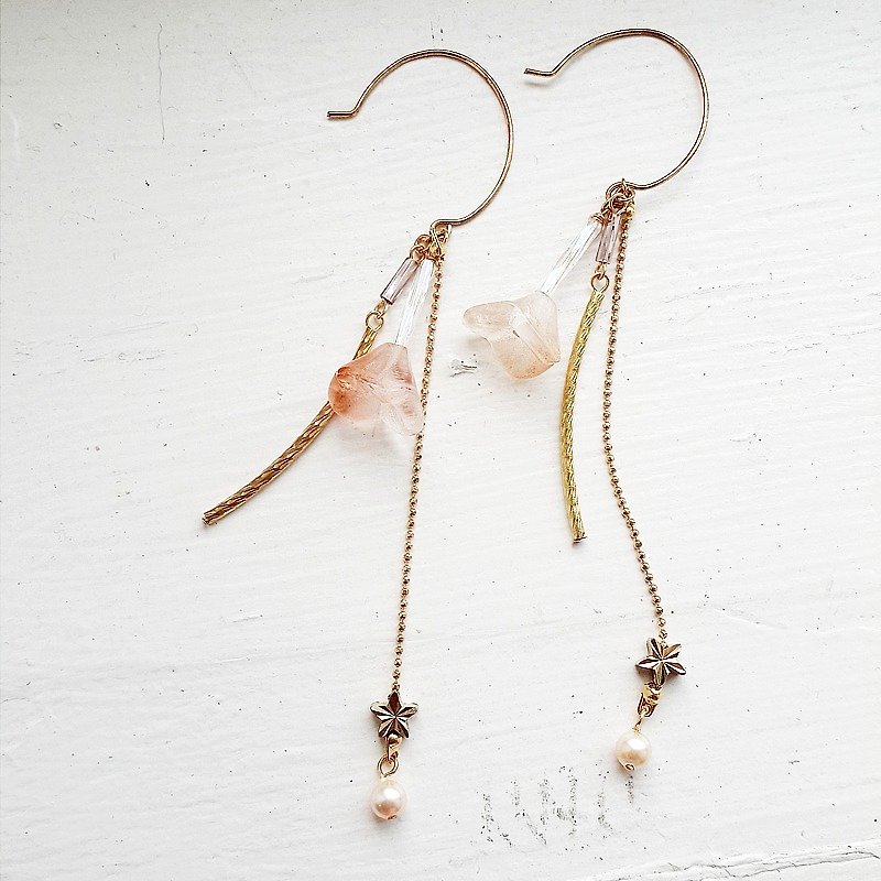momolico simple brass Earrings Czech Crystal Flower sulfur light copper - Earrings & Clip-ons - Other Materials Pink
