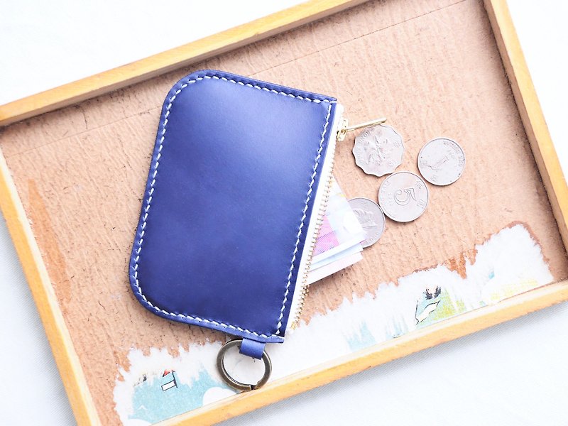 Classic zipper coin purse well stitched leather material bag wallet Silver loose paper bag Italian vegetable tanned - กระเป๋าใส่เหรียญ - หนังแท้ สีน้ำเงิน