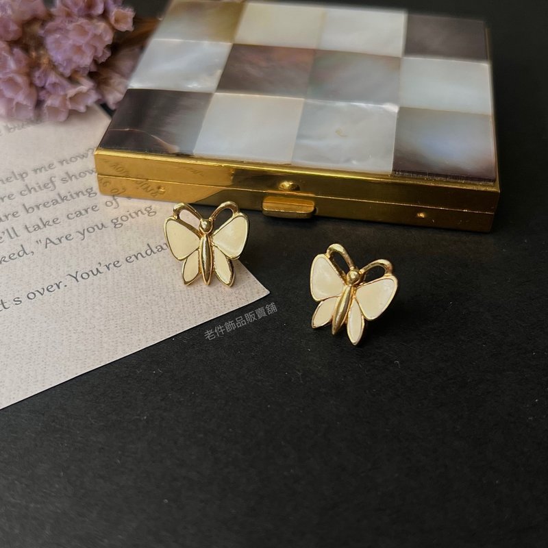 Monet cream enamel butterfly earrings - Earrings & Clip-ons - Other Metals White