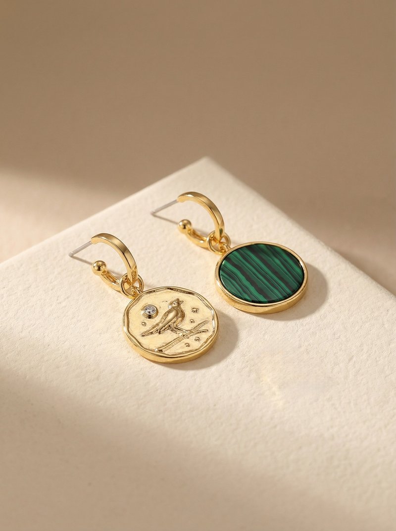 【獨家原創】小鳥棲息與天然孔雀石耳環  多層厚度真金 復古金色 - 耳環/耳夾/耳骨夾 - 銅/黃銅 橘色