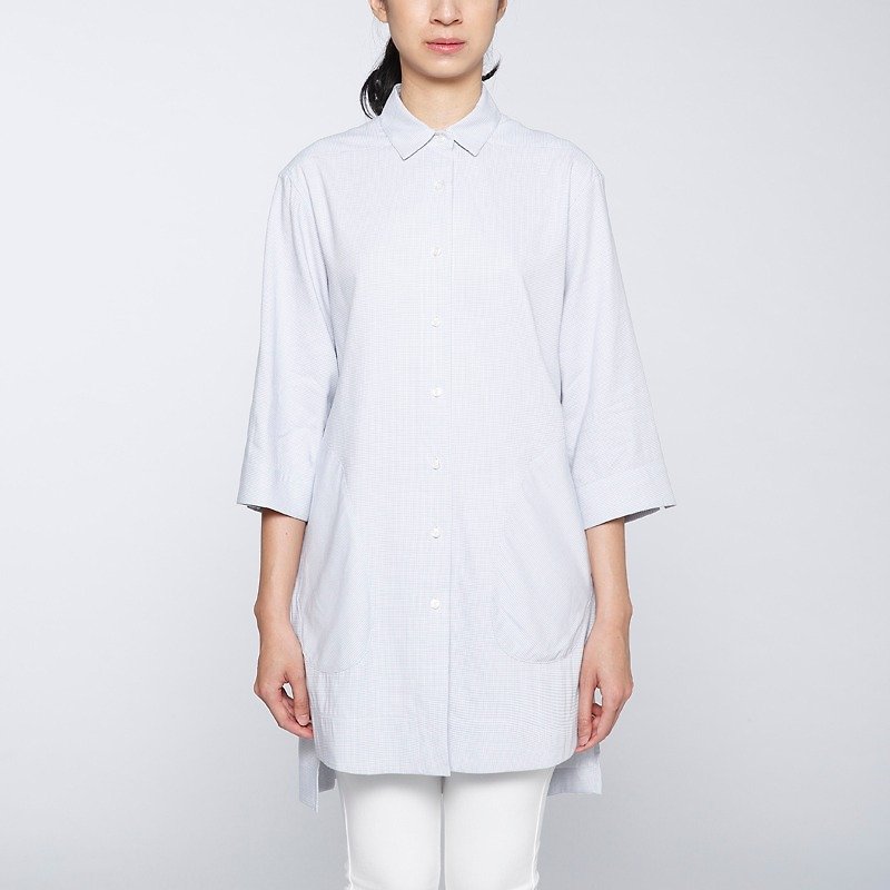 [Summer Essentials] Collagen Houndstooth Blouse-Grey - Women's Shirts - Cotton & Hemp Gray