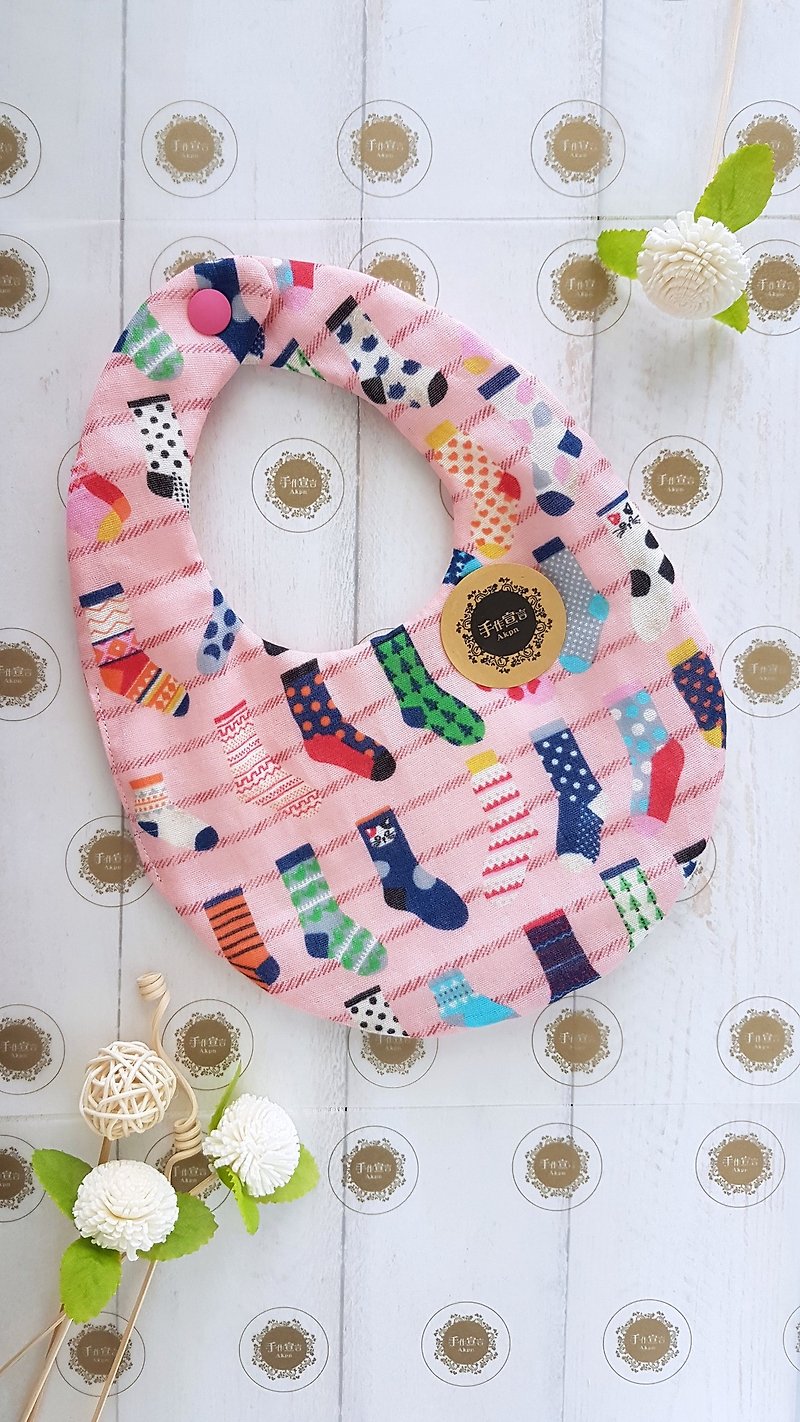 Colorful socks-pink-eighty yarn 100% cotton double-sided egg-shaped bib - ผ้ากันเปื้อน - ผ้าฝ้าย/ผ้าลินิน สึชมพู