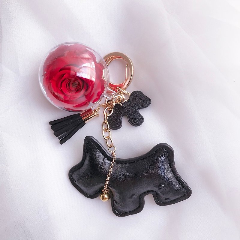Dog Immortal Flower Charm Black Keychain Valentine's Day Gift New Year's gift - Keychains - Plants & Flowers Black