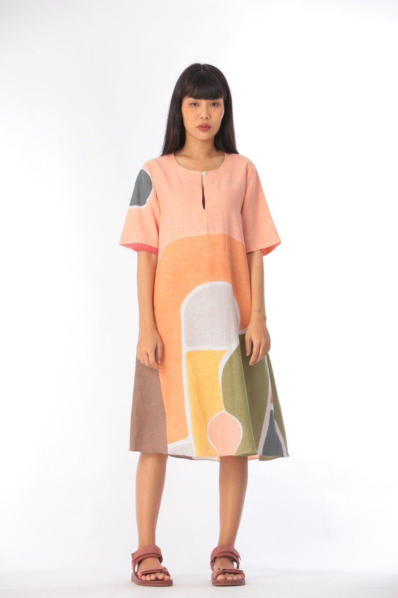 Short Dress Cotton Rayon Hand Paint Art&Decor - 洋裝/連身裙 - 棉．麻 橘色